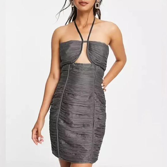 ASOS DESIGN Halter Neck Ruched‎ Mini Dress with Ruffle Trim in Gray - Picture 1 of 8